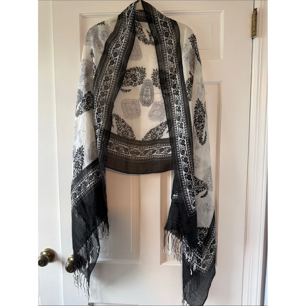 Black White Paisley Bohemian Fringe Scarf Gauzy Airy